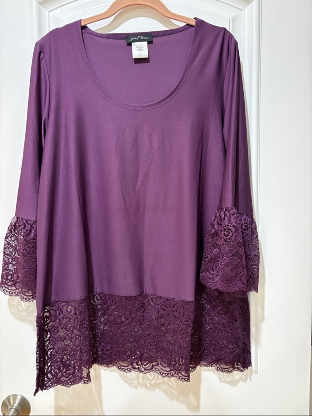 Slinky Brand Women’s Purple Lace-Hem And 3/4 Sleeves Scoop Neck Tunic PL